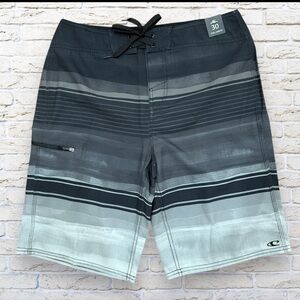 NWT O’Neill Brisbane Black and Grey Striped Pattern Board-shorts Trunks -Size 30